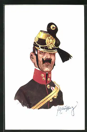 Künstler-AK Fritz Schönpflug: Soldat in Uniform mit Federhut Mütze