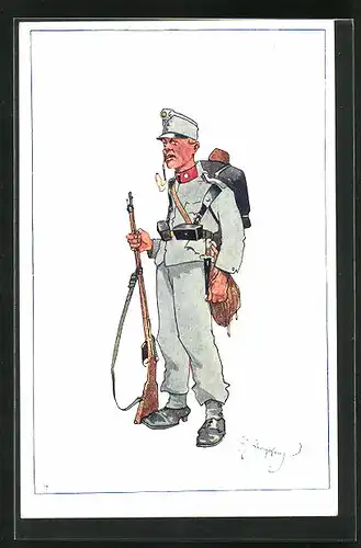 Künstler-AK Fritz Schönpflug: Soldat in Uniform mit Pfeife u. Gewehr