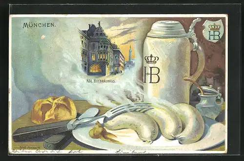 Lithographie Münchner Hofbräuhaus, HB Bierkrug mit Weisswürsten und Semmel