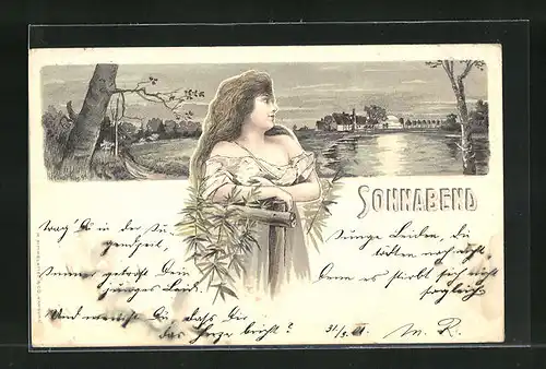 Künstler-Lithographie H. Fründt: Sonnabend, hübsche Frau blickt verträumt auf einen Ort