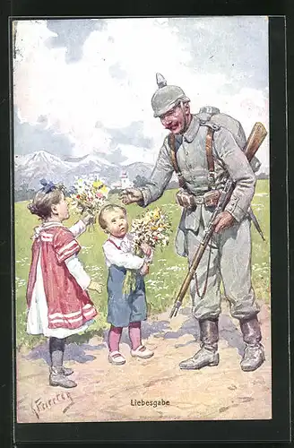 Künstler-AK Karl Feiertag: Liebesgabe, Junge und Mädchen übergeben dem Soldaten Blumen