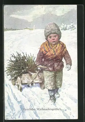 Künstler-AK Karl Feiertag: Herzliche Weihnachtsgrüsse, Junge zieht den Karren mit dem Tannenbaum durch den Schnee