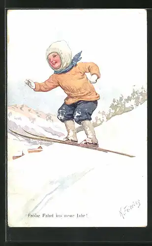 Künstler-AK Karl Feiertag: Frohe Fahrt ins neue Jahr!, Kind auf Skiern beim Sprung
