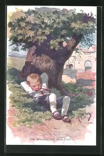 Künstler-AK Karl Feiertag: Am Brunnen vor dem Tore, Junge schläft unter dem Baum