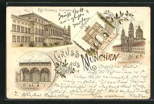 Vorläufer-Lithographie München, 1895, Theatiner Hofkirche, Feldherrnhalle, Siegesthor
