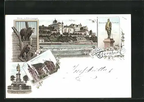 Lithographie Bernburg, Kreis-Haus, Wolfgang Denkmal, Bären im Schlosszwinger