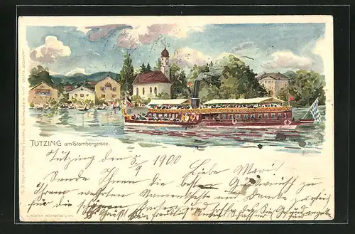 Lithographie Tutzing a. Starnbergersee, Dampfer vor der Ortschaft