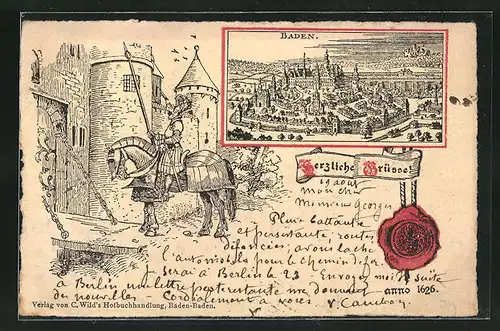 AK Baden-Baden, Ritter und Pferd in Rüstung vor Zugbrücke, Totalansicht, Siegel, anno 1626