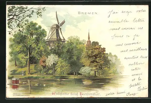 Lithographie Bremen, Wallpartie beim Heerdenthor, Windmühle