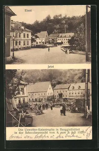 AK Berggiesshübel, Unwetter-Katastrophe 1927, Strasse vor und nach dem Unwetter
