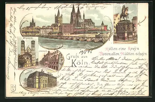 Lithographie Köln, Gürzenich, St. Gereon, Theater, Freidrich Wilehlm III. Denkmal