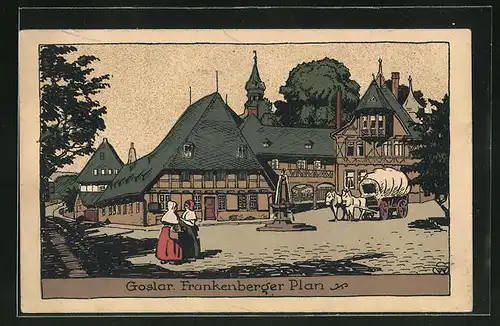 Steindruck-AK Goslar, Planwagen am Brunnen am Frankenberger Plan