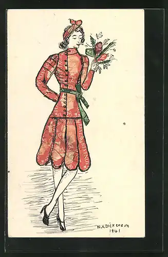 AK handgemachte Briefmarkencollage, modische Dame mit Blumen