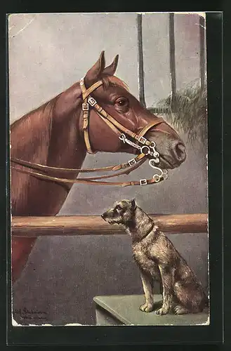 Künstler-AK Alfred Schönian: Pferd und Terrier