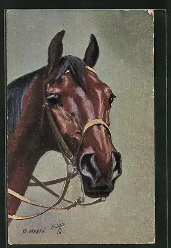Künstler-AK O. Merte: braunes Pferd mit Zaumzeug in aufmerksamer Pose