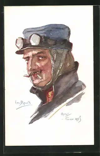 Künstler-AK Em. Dupuis: Mann mit Mütze und Schutzbrille, hochgeschlagenem Kragen, Arras, Fevrier 1915