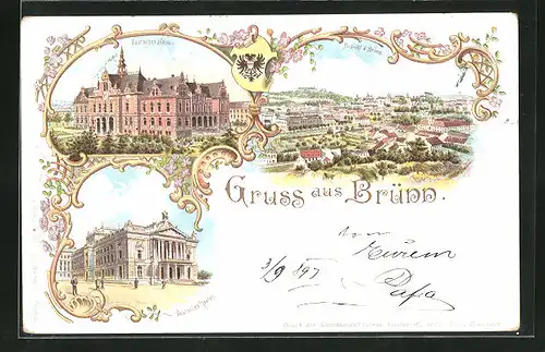 Lithographie Brünn / Brno, Ortsansicht, Deutsches Haus, Deutsches Theater, Wappen