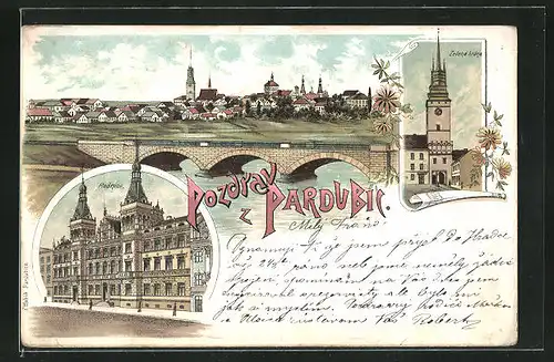 Lithographie Pardubice, Gesamtansicht, Radnice, Zelena brana