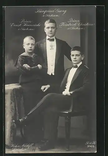Foto-AK Walter Hahn, Nachfolger: Kronprinz Georg, Prinz Ernst Heinrich, Prinz Friedrich Christian von Sachsen