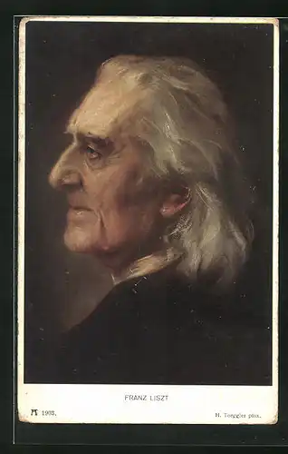 AK Portrait Franz Liszt als alter Mann im Profil mit langem Haar