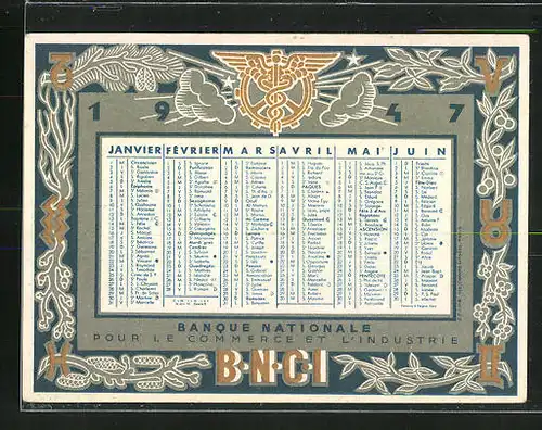 Kalender 1947, Banque Nationale, Montabard, 6 Rue Eugéne-Guillaume