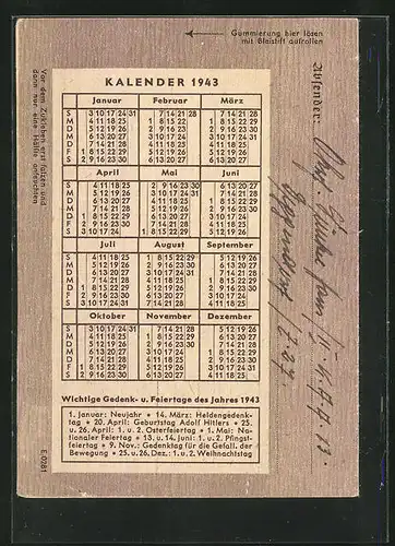 Kalender 1943, Absender Deggendorf, Kraftfahr-Ausb.-Abt. 13, Stempel Rückseitig