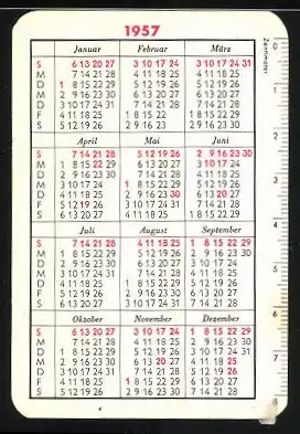 Kalender 1957, Gold Dollar Zigaretten mit und ohne Filter