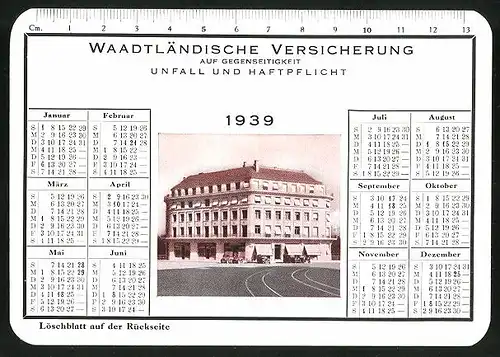 Kalender 1939, Waadtländische Versicherung Unfall - und Haftpflicht, Geschäftshaus, Löschblatt Rückseitig