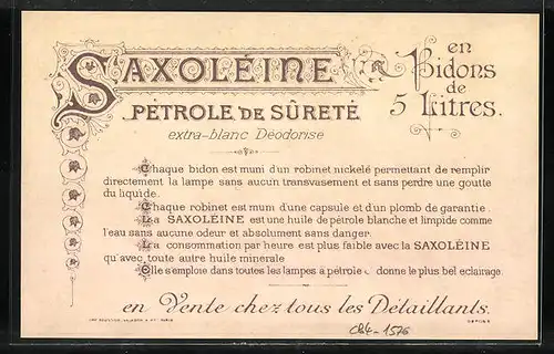 Kalender 1896, Juli - September, Saxoleine Petrole De Surete, Boot mit Petroleum-Motor