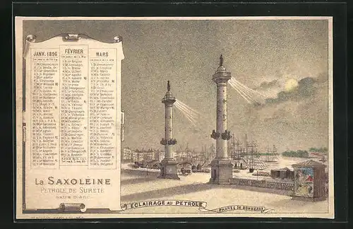 Kalender 1896, Januar bis März, Saxoleine Petrole De Surete, Phares de Bordeaux, Leuchtturm