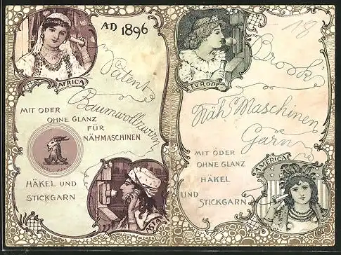 Kalender 1896, Brook's Nähmaschinen Garn, Damen telefonieren Übersee Afrika, Asien, Europa und Amerika