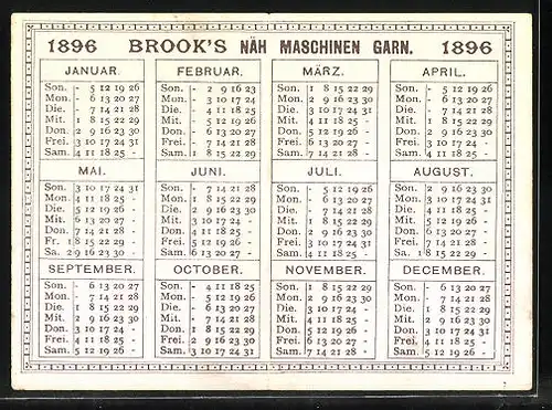 Kalender 1896, Brook's Nähmaschinen Garn, Damen telefonieren Übersee Afrika, Asien, Europa und Amerika