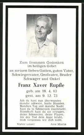 Sterbebild Franz Xaver Rupfle, 1903-1973