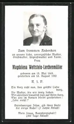 Sterbebild Magdalena Wettstein-Lerchenmüller, 1863-1950