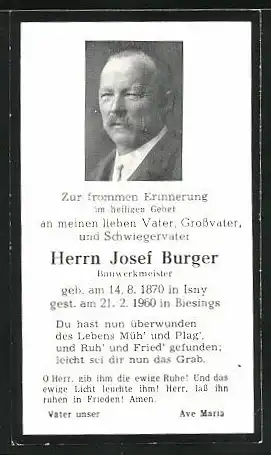 Sterbebild Josef Burger, Bauwerkmeister aus Isny 1870 - 1960