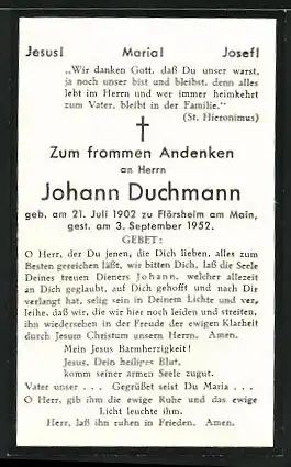 Sterbebild Johann Duchmann aus Flörsheim / Main, 1902-1952