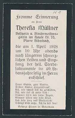 Sterbebild Theresia Müllner aus Biberbach, gestorben 1928