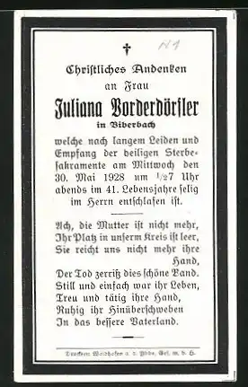 Sterbebild Juliana Borderdörfler aus Biberbach, gestorben 1928