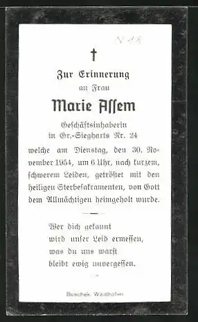 Sterbebild Marie Assem aus Gr.-Siegharts, gestorben 1954