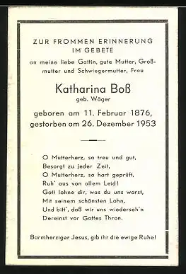 Sterbebild Katharina Boss geb. Wäger, 1876-1953