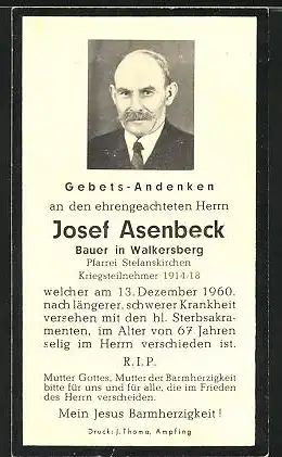 Sterbebild Josef Asenbeck, Bauer in Walkersberg, Kriegsteilnehmer 1914-18, gestorben 1960