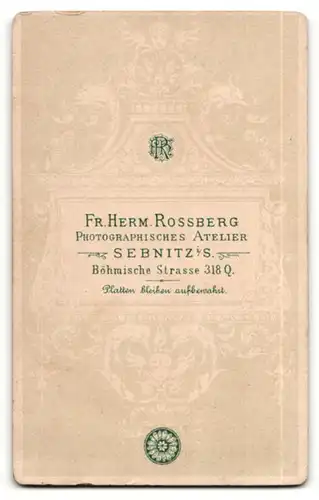 Fotografie Fr. Herm. Rossberg, Sebnitz, Portrait junger Herr mit Fliege im Anzug an Tisch gelehnt