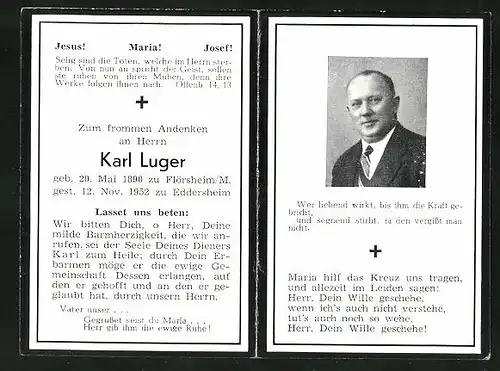 Sterbebild Karl Luger aus Flörsheim, 1890-1952