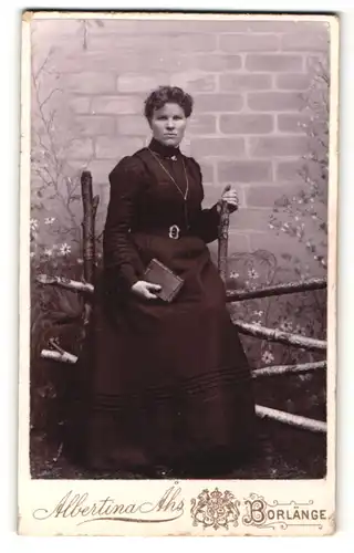 Fotografie Albertina Ahs, Borlänge, Portrait bürgerliche Dame in eleganter Kleidung mit Buch auf Zaun sitzend