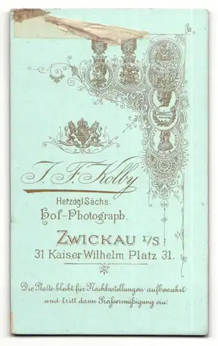 Fotografie J. F. Kolby, Zwickau i/S, Portrait junger Herr mit Seitenscheitel