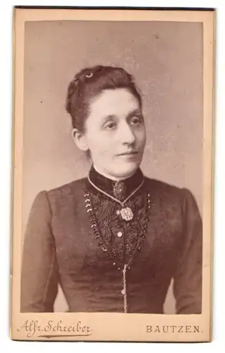Fotografie Alfr. Schreiber, Bautzen, Portrait Dame mit zusammengebundenem Haar