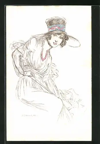 Künstler-AK A. Zandrino: Bildnis einer jungen Dame mit grossem Hut
