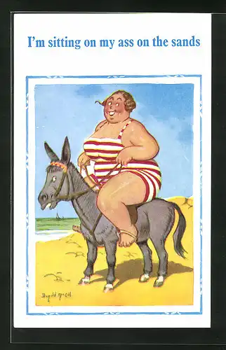 Künstler-AK Donald McGill: Dicke Dame reitet am Strand auf einem Esel