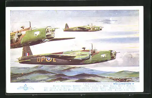 Künstler-AK Vickers-Armstrongs Wellington II, Britische Kampfflugzeuge im Staffelflug