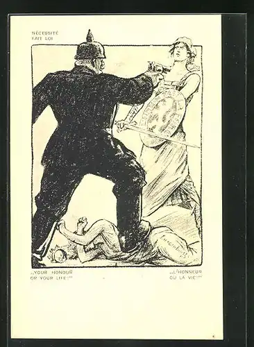 Künstler-AK Louis Raemaekers: Soldat mit Pickelhaube zertrampelt Frau Luxemburg und droht mit der Waffe